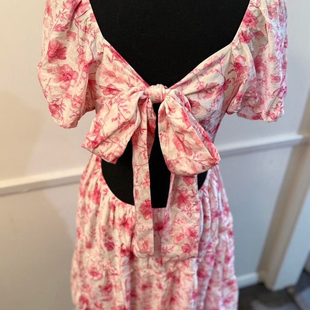 pink floral milkmaid open tie back bow mini tiered puff sleeve coquette NWT